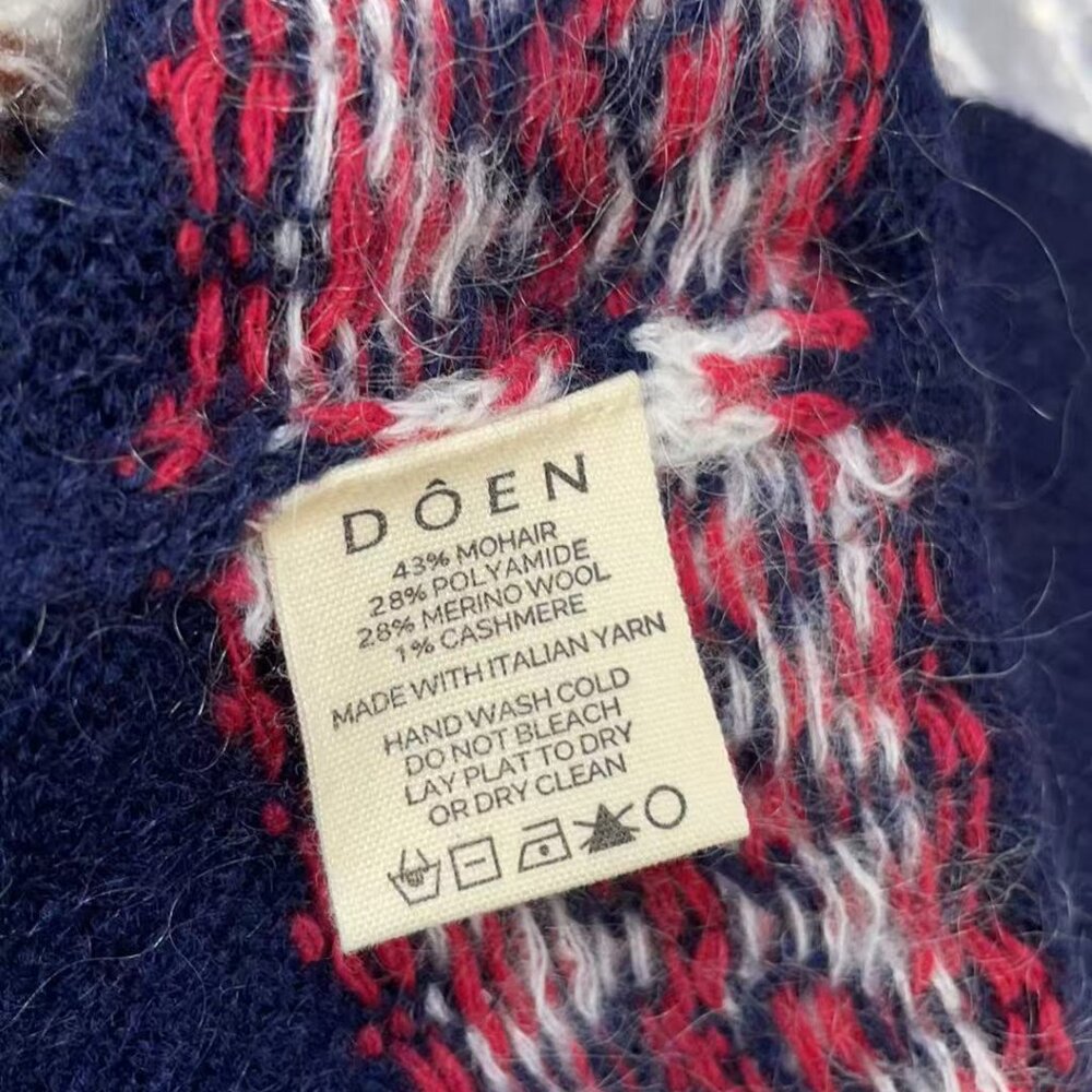 Doen Harvest Mohair Wool Cashmere Knit Print Sweater Top Navy Oslo Fair Isle L - Picture 6 of 8